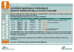 Sciopero Trenitalia: oggi 14 novembre 2012 orari, elenco treni cancellati Milano e Roma